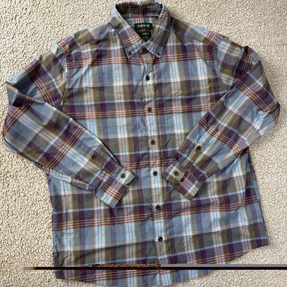 Orvis Flannel Shirt Long Sleeve Light Weight Plaid Blue Classic Fit Men's Large - Picture 8 of 10